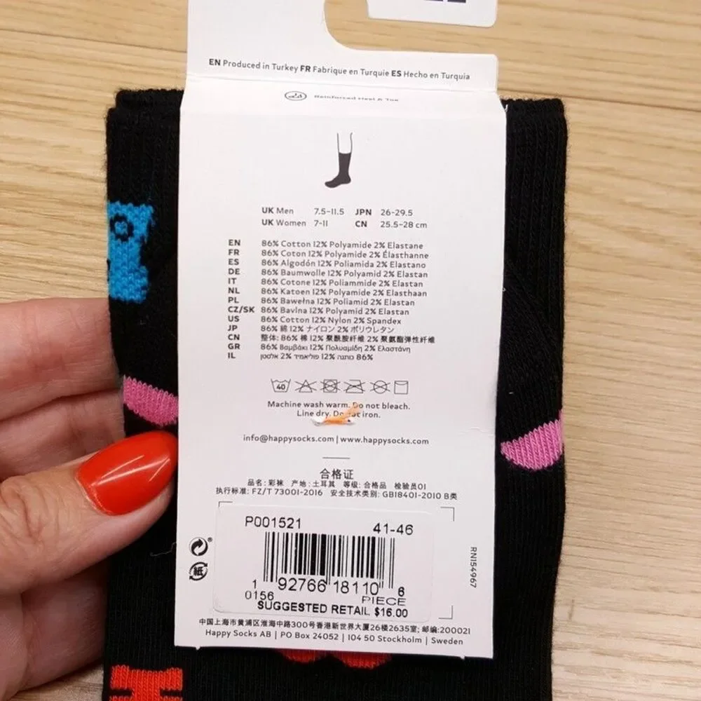 HAPPY SOCKS Crew Socks Black Heart Combed Cotton Unisex M 8-12 W 10-12.5